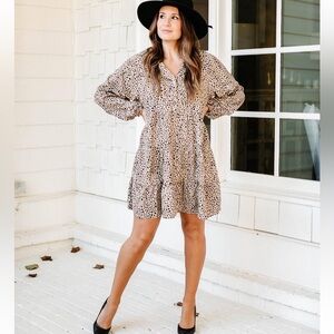 Long Sleeve Leopard Print Tier Dress Mini Size Medium